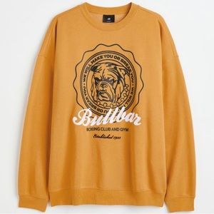 H&M Men's Mustard Yellow Bulldog Graphic Oversized Sweatshirt